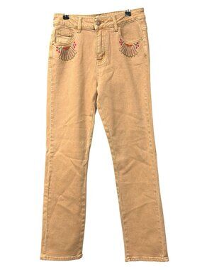 NKN Embroidered Tan Denim Straight Leg Jeans Size Small New